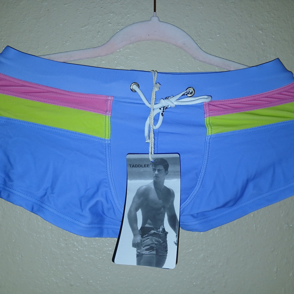 Men's Sexy Swim Trunks Blue with Pink and Green Accents